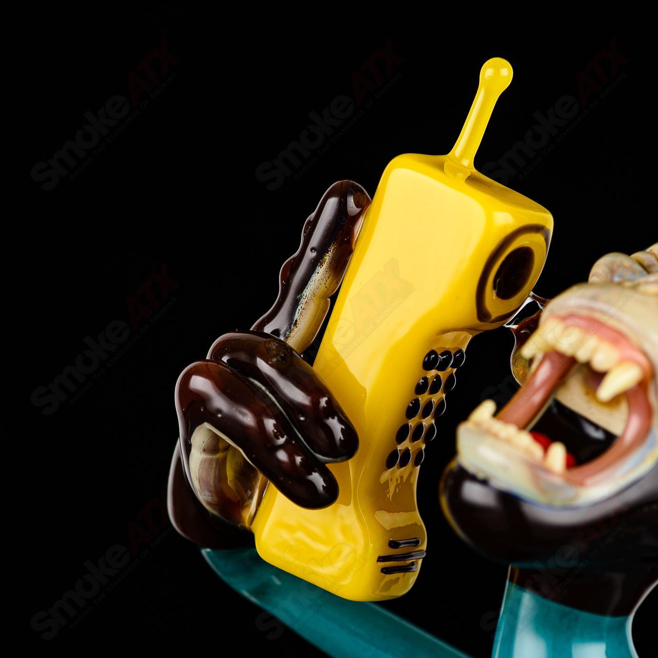 Elbo Glass Coyle x Elbo Dino Monkey heady glass concentrate rig with detailed dinosaur and monkey design, vibrant colors and artistic craftsmanship.