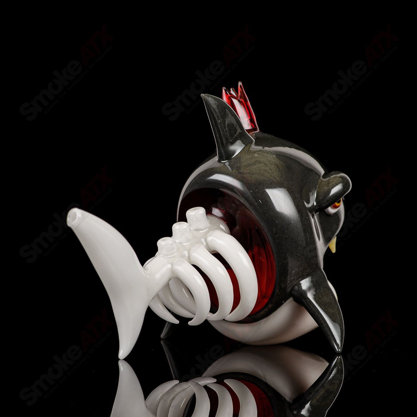 Niko Cray Crown Bones Shark heady glass concentrate rig with detailed shark design and colorful accents.