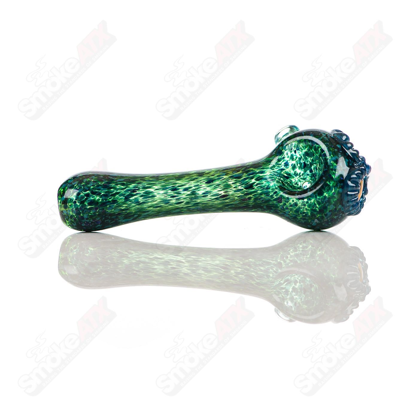 Cyan spotted owl glass spoon pipe by Four Winds Flameworks featuring detailed owl design and vibrant blue accents.
