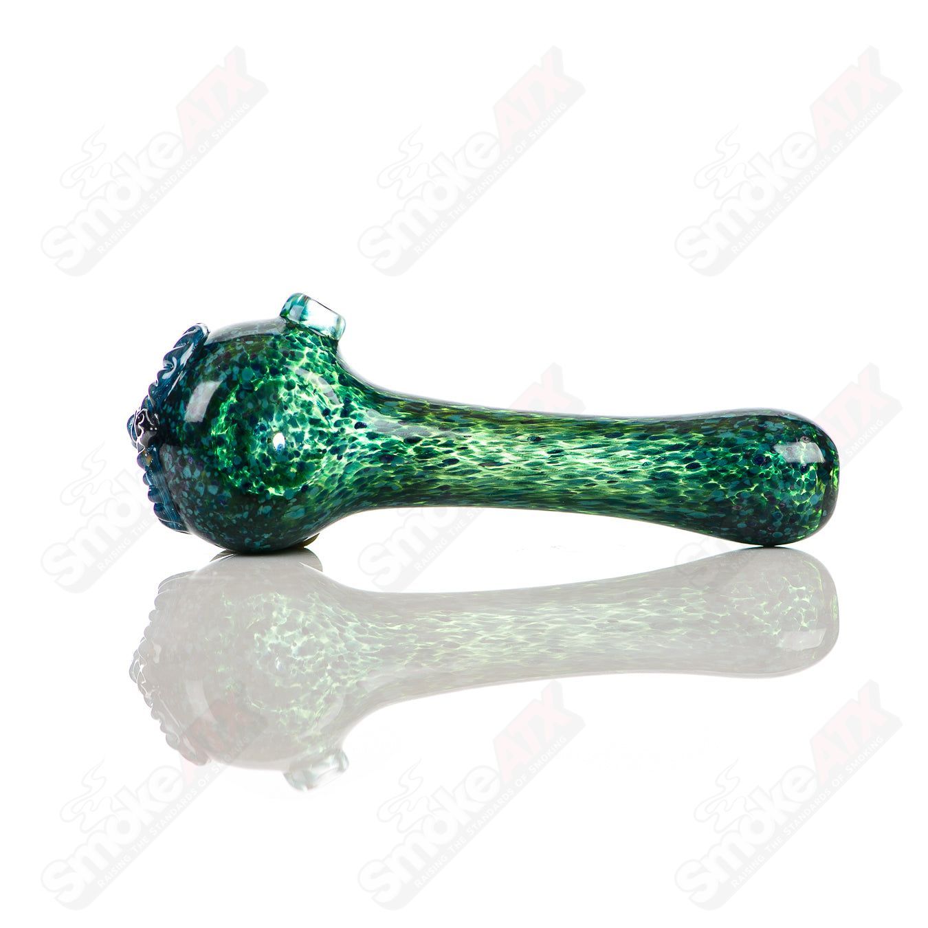 Cyan spotted owl glass spoon pipe by Four Winds Flameworks, featuring detailed owl design and vibrant blue accents.
