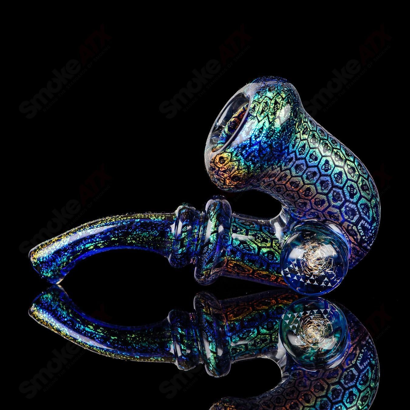 JMass Dichro Bee Imagery Sherlock heady glass pipe by OG Tubes featuring vibrant dichroic bee design and intricate glasswork.