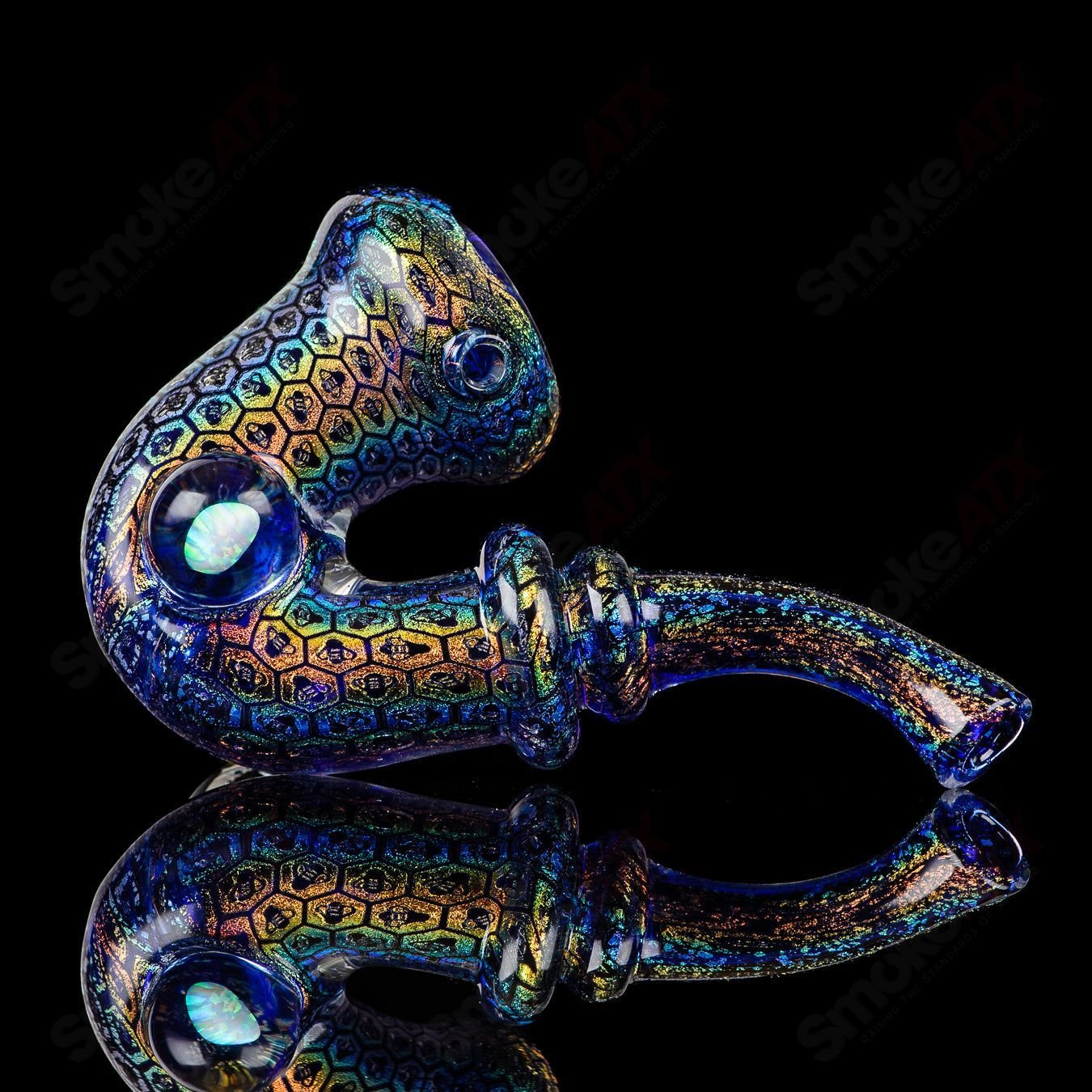 Colorful dichro bee imagery Sherlock glass pipe by JMass, featuring intricate heady glass design and detailed Sherlock shape.