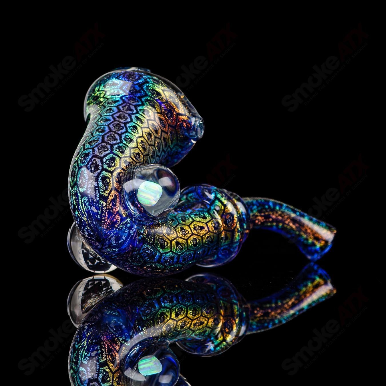 Colorful Dichro Bee Imagery Sherlock glass pipe by JMass, featuring intricate heady glass design and vibrant, reflective surfaces.