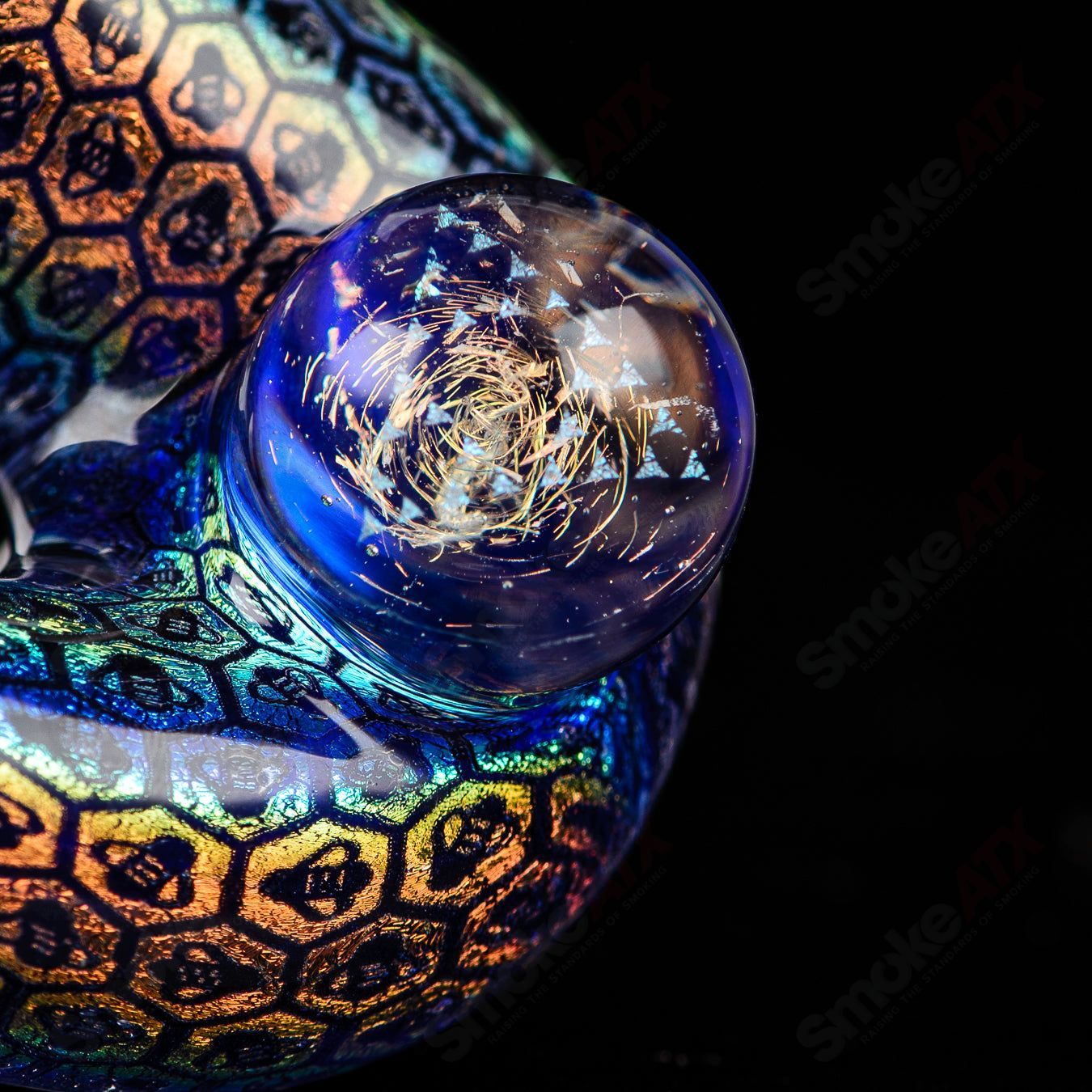 JMass Dichro Bee Imagery Sherlock heady glass pipe featuring vibrant dichroic colors and intricate bee-themed design.