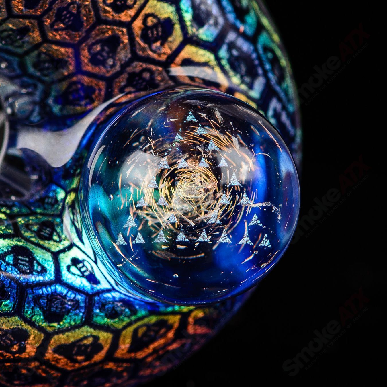 Colorful Dichro Bee Imagery Sherlock heady glass pipe by JMass, featuring intricate design and vibrant glasswork.