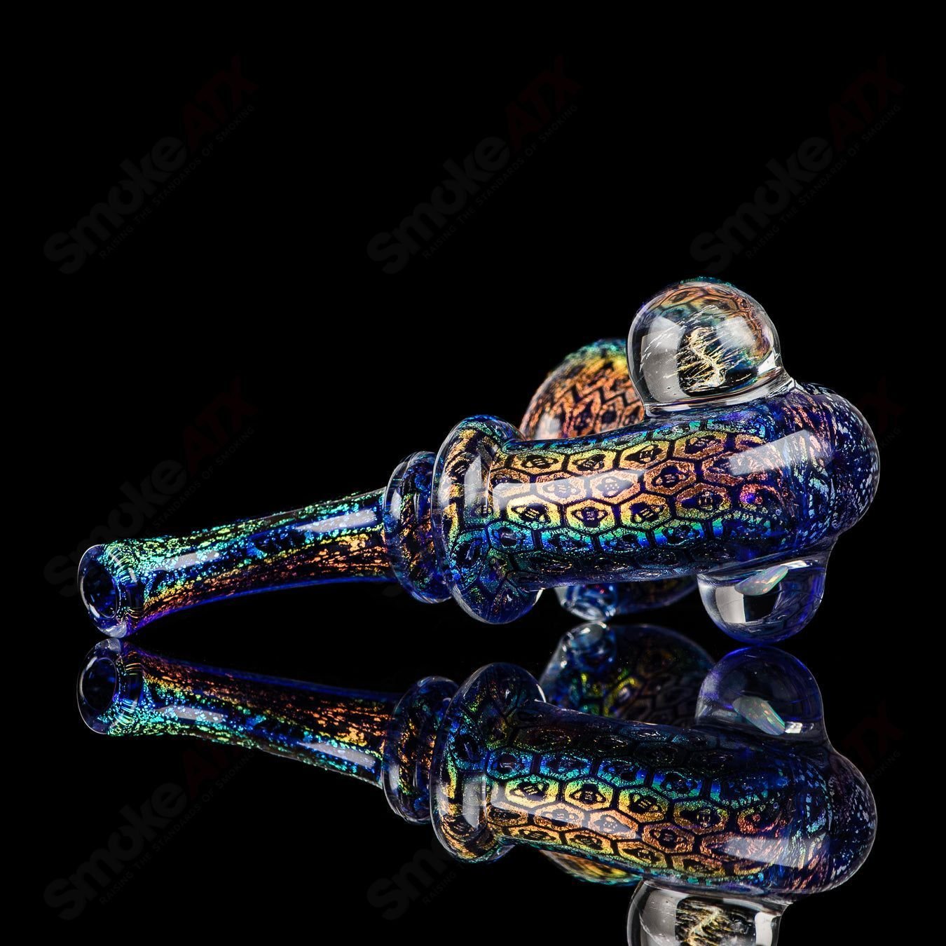 JMass Dichro Bee Imagery Sherlock heady glass pipe with vibrant dichroic colors and detailed bee design, handcrafted by OG Tubes.