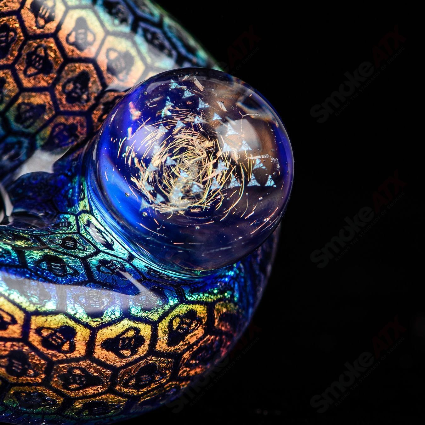 Dichro Bee Imagery Sherlock heady glass pipe by JMass featuring vibrant bee-inspired designs and colorful glass accents.