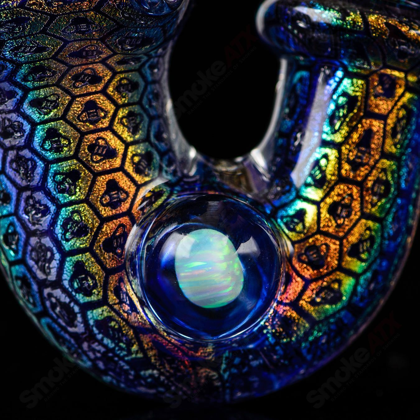 Handcrafted JMass Sherlock heady glass pipe featuring vibrant dichro bee imagery and intricate design details.