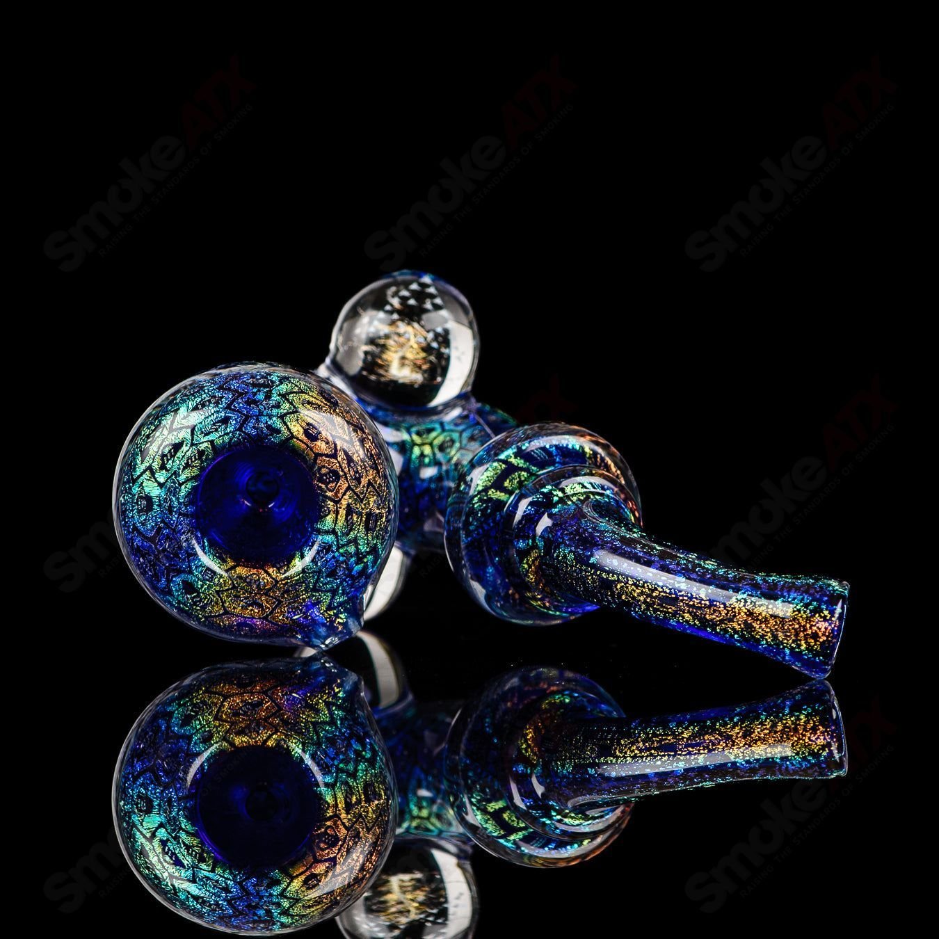 Dichro Bee Imagery Sherlock heady glass pipe by JMass, featuring colorful bee and floral designs on a clear glass Sherlock style pipe.