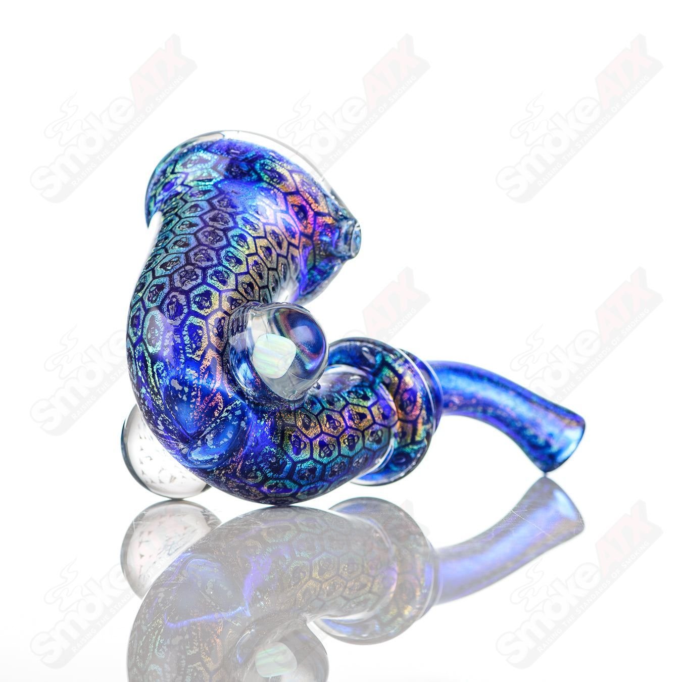 JMass Dichro Bee Imagery Sherlock heady glass pipe by OG Tubes featuring vibrant, colorful bee and abstract design on a glass Sherlock.