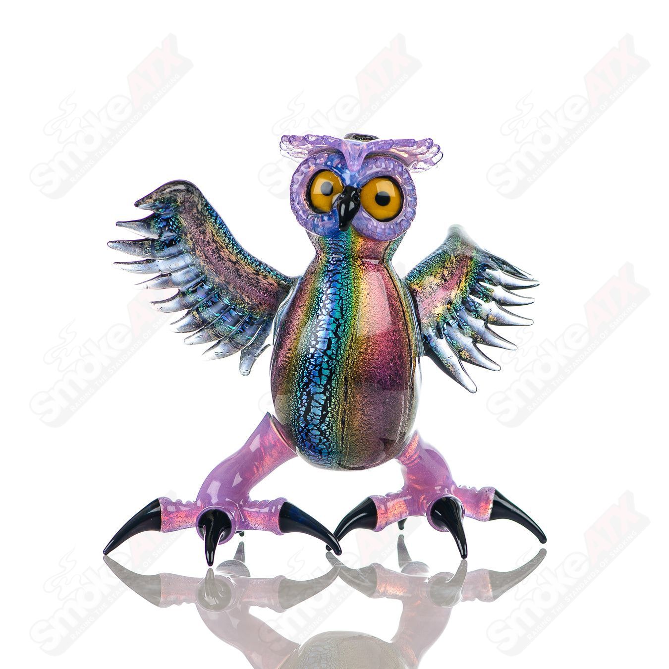 Dichro EDM owl concentrate rig by Turtle Time Glass, heady glass with vibrant color and detailed owl design.