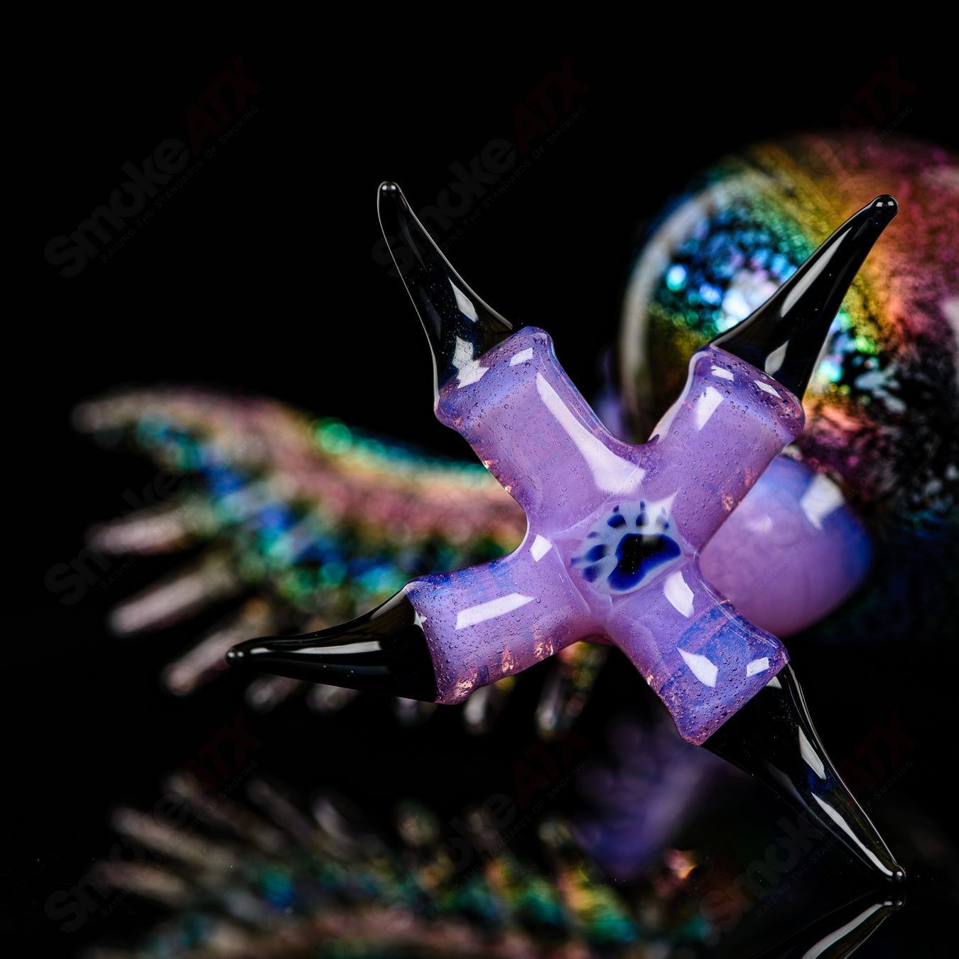 Dichro EDM Owl concentrate rig by Turtle Time Glass, colorful heady glass piece with intricate glasswork and vibrant design.
