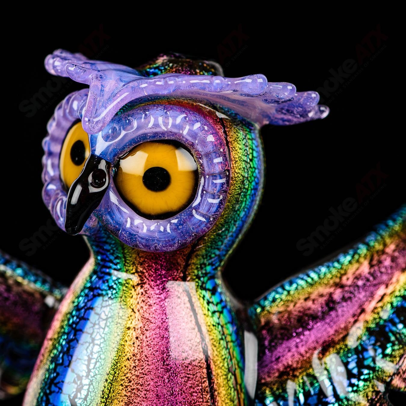 Dichro EDM Owl heady glass concentrate rig by Turtle Time, featuring colorful glasswork and detailed owl design.