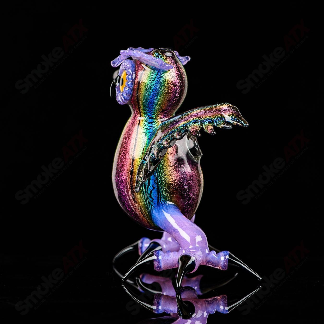 Dichro EDM Owl concentrate rig by Four Winds Flameworks and Turtle Time Glass, featuring vibrant dichroic glass details and intricate design.