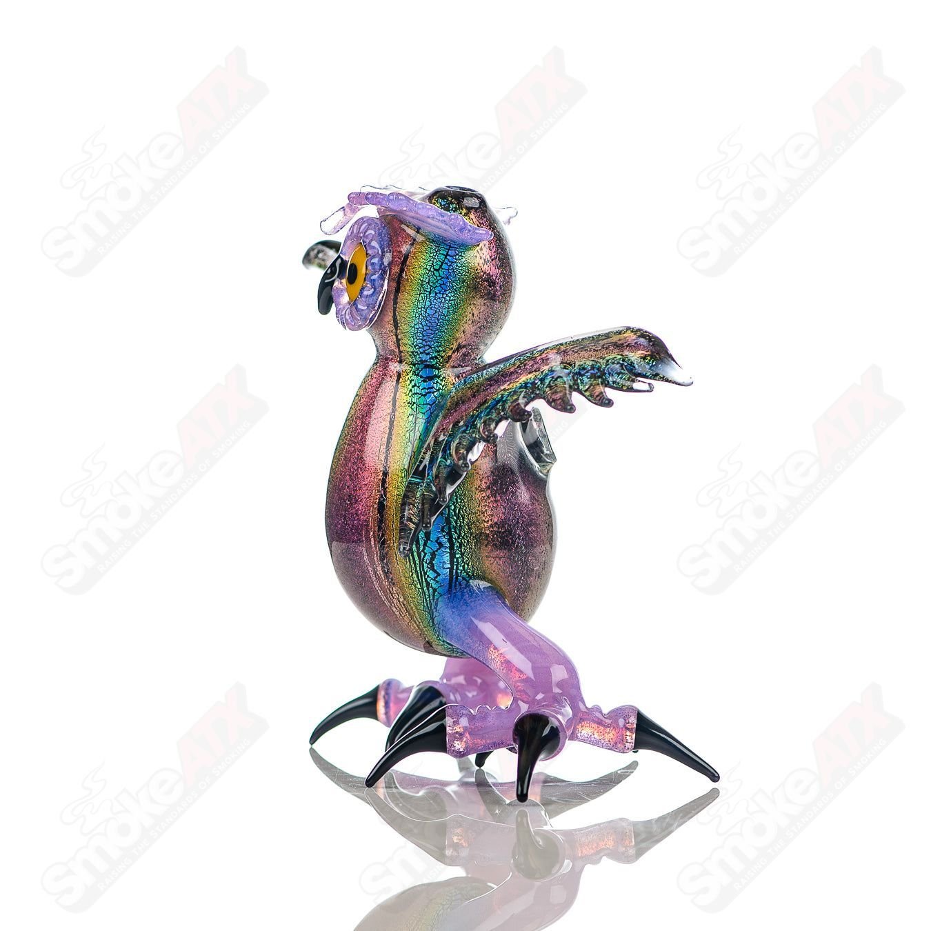 Dichro EDM Owl heady glass concentrate rig by Turtle Time, featuring colorful, intricate glasswork and detailed owl design.