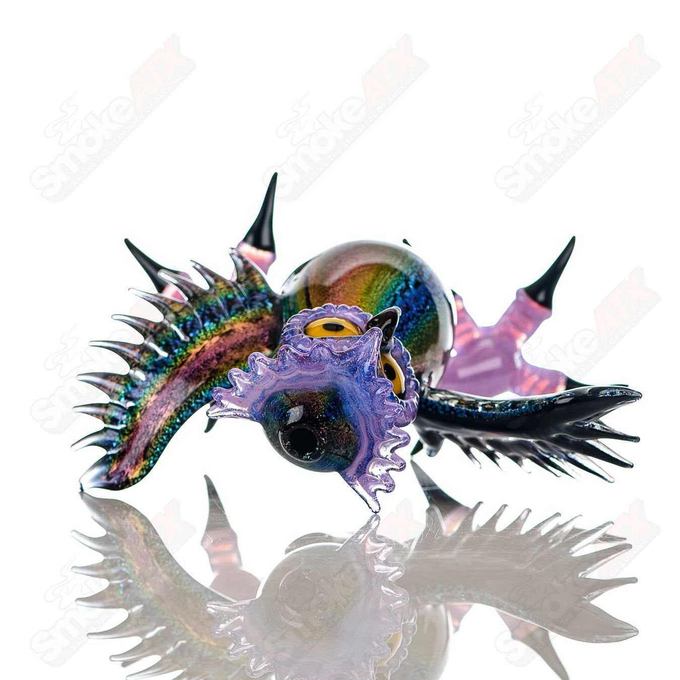 Dichro EDM Owl heady glass concentrate rig by Turtle Time, featuring colorful glass art and intricate design.