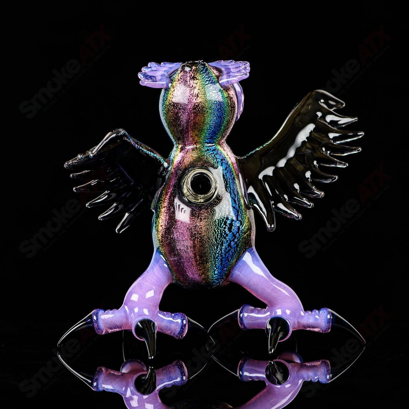 Dichro EDM Owl heady glass concentrate rig by Turtle Time, featuring vibrant colors and detailed owl design.
