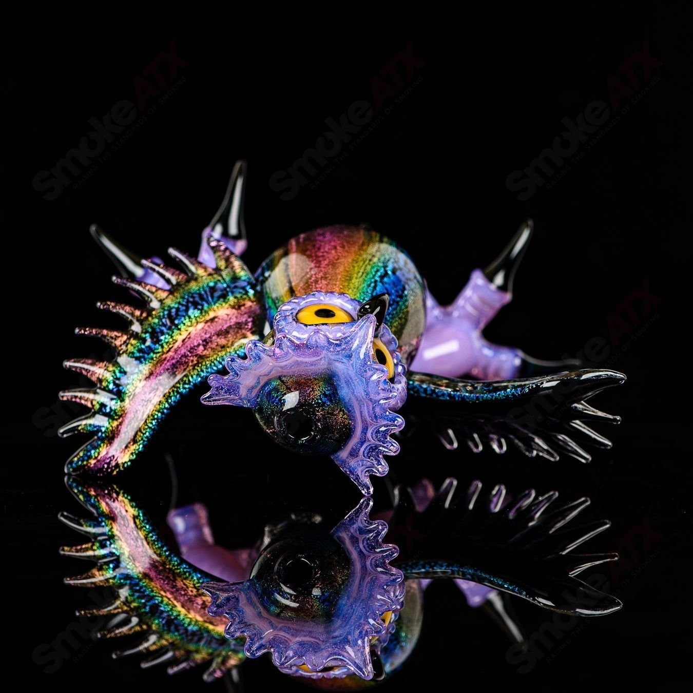 Dichro EDM Owl concentrate rig by Turtle Time Glass, colorful heady glass with intricate glasswork and dual percolators.
