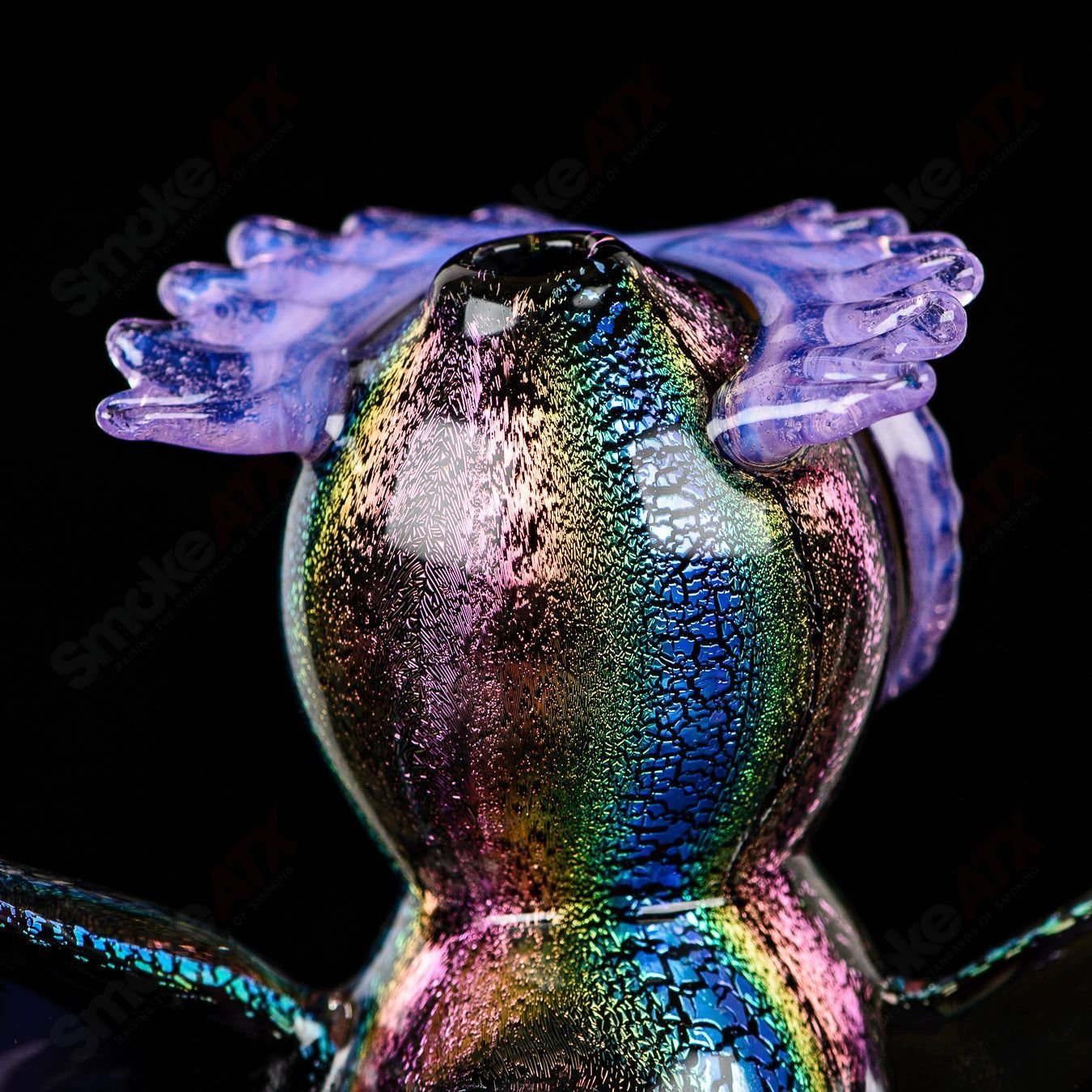 Dichro EDM Owl heady glass concentrate rig by Turtle Time featuring colorful, intricate glasswork and detailed owl design.