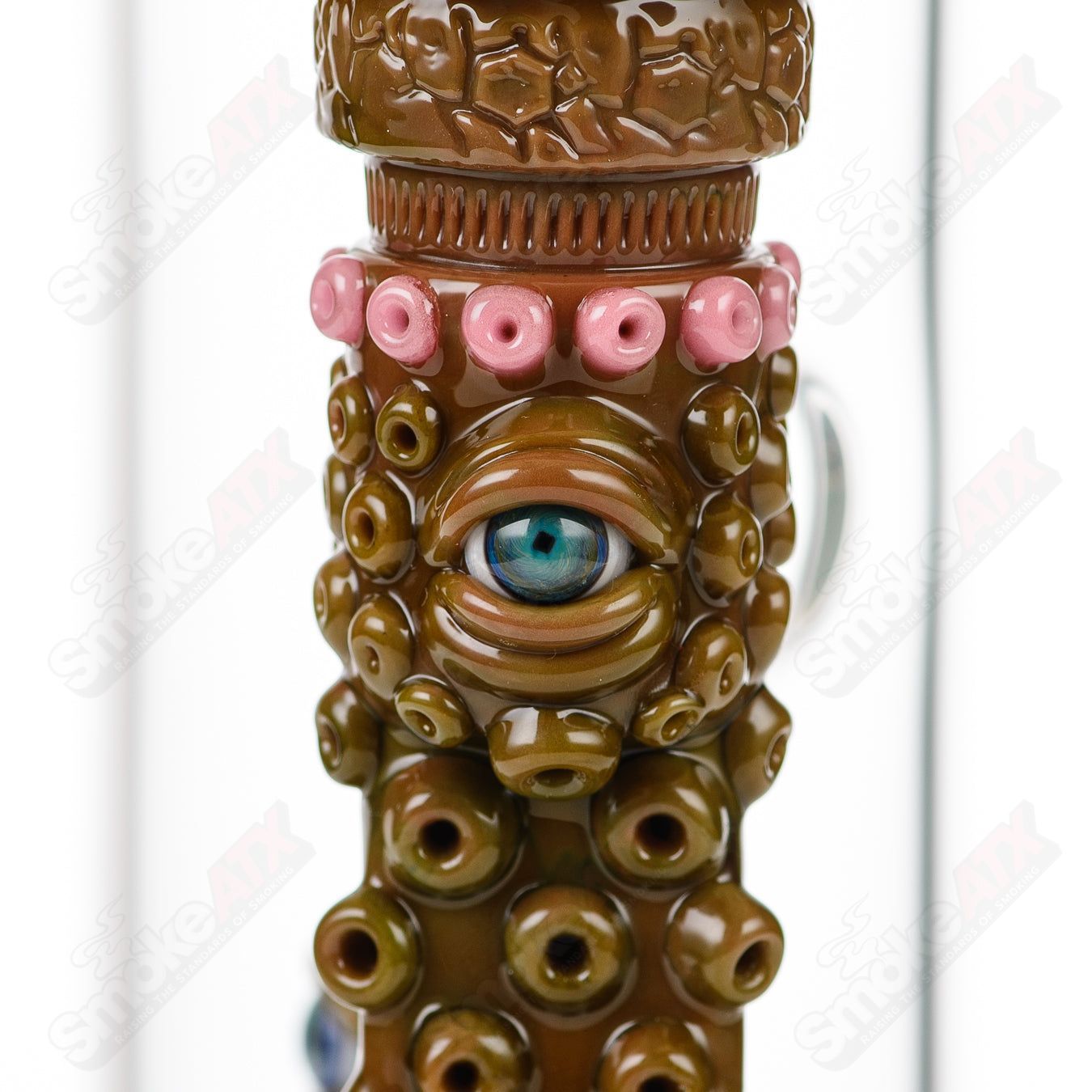 Salt Glass disc perc fully salted straight tube with slide in Spanish Olive color, featuring heady glass design and intricate details.
