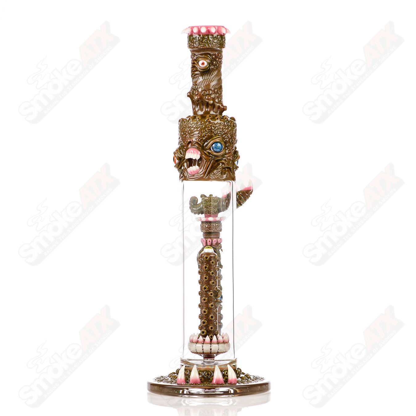 Salt Glass Disc Perc Fully Salted Tube with Slide in Spanish Olive color, a straight glass water pipe with percolator and vibrant design.