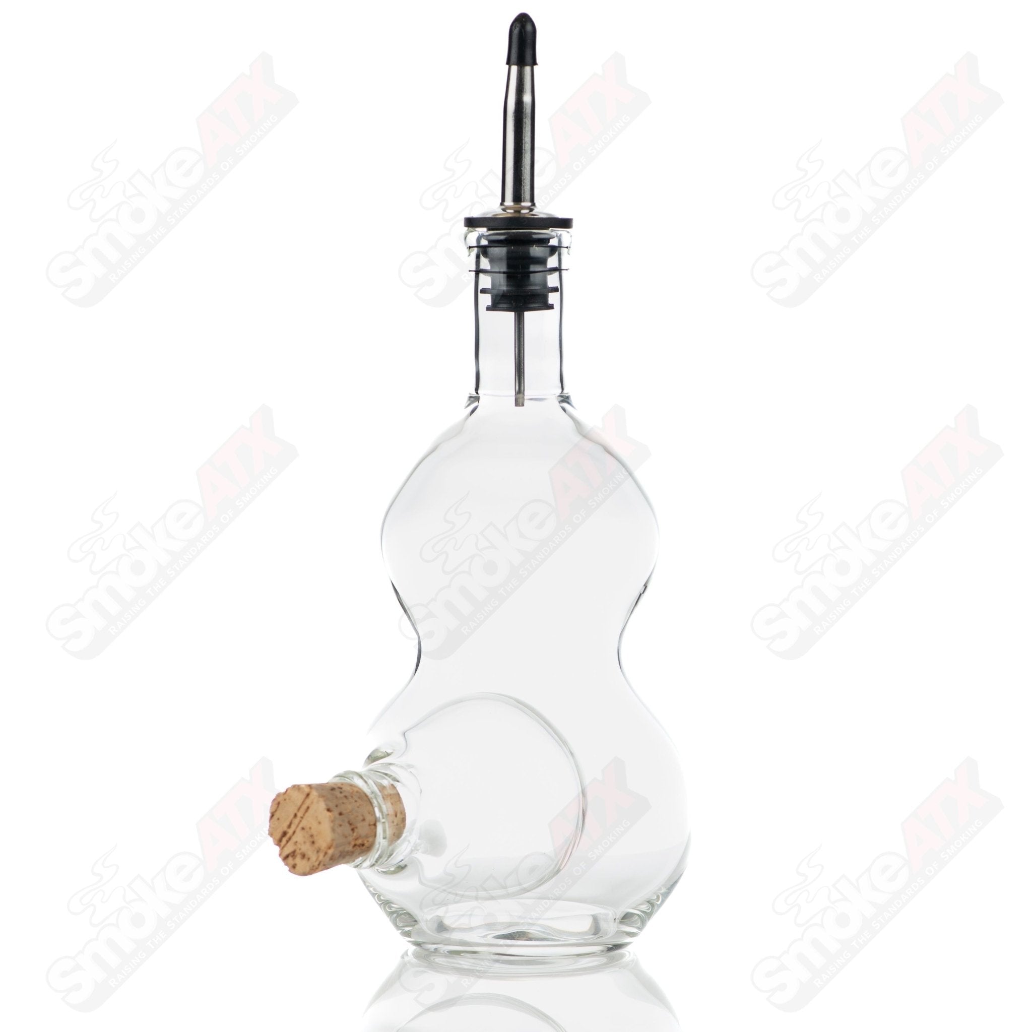 Texas Hot Glass double chamber liquor bottle and stash jar, clear heady glass with two compartments for storage and display.