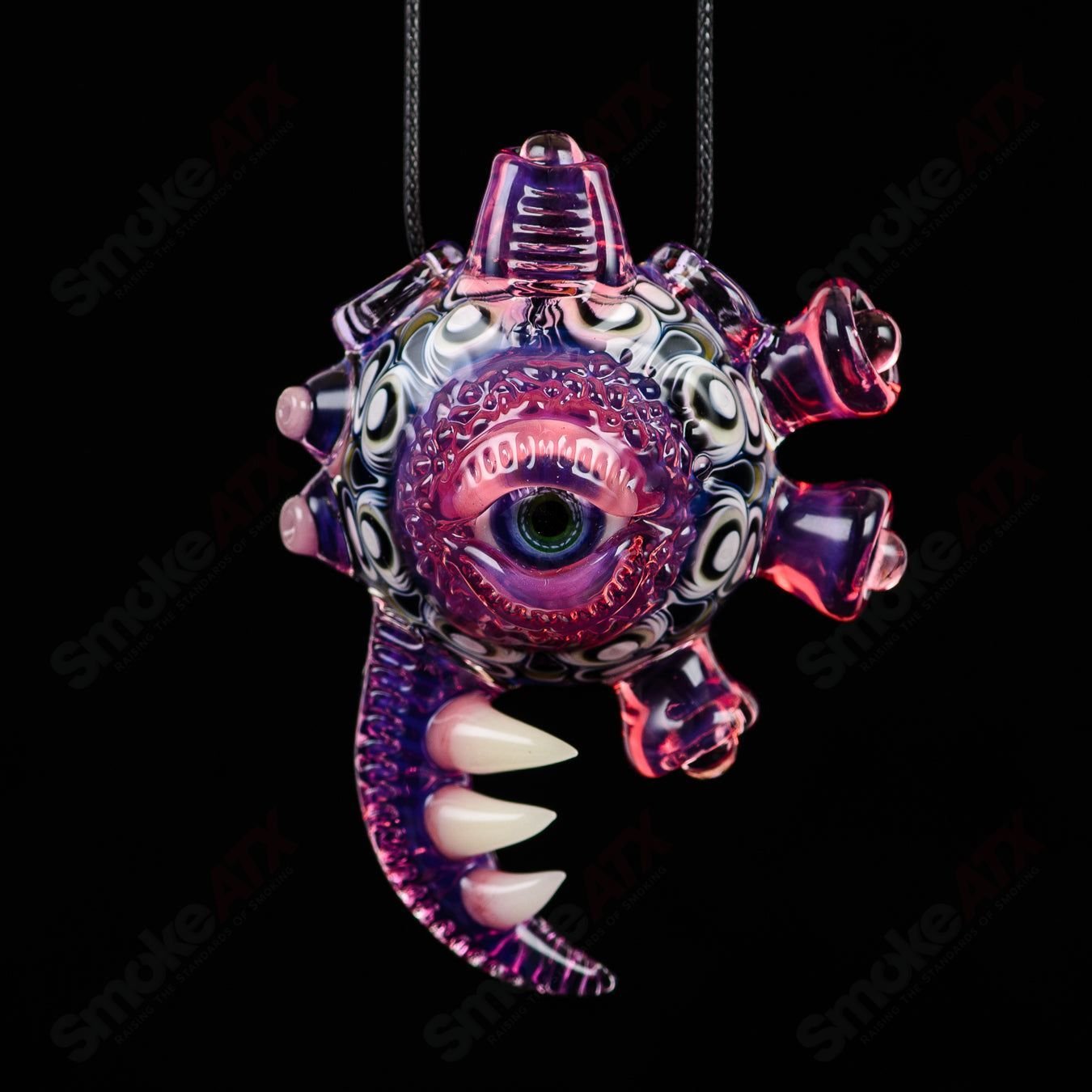 Double-sided Yoshi Prep Royal Jelly Telemagenta pendant by Salt Glass, heady glass pendant with vibrant colors and intricate design.