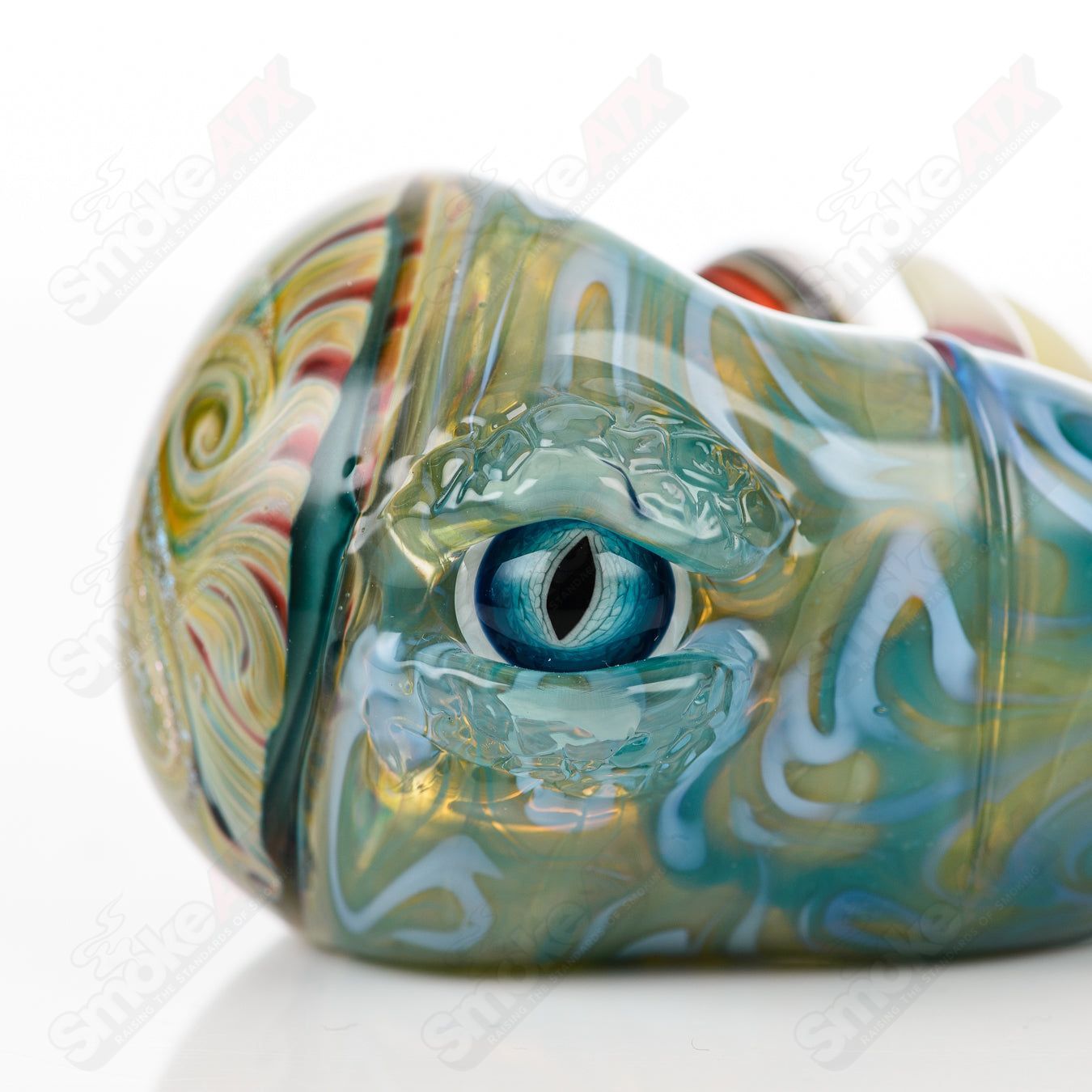 Galactic Glass dry pipe with dichroic swirl marble design by Salt Glass, hand pipe featuring vibrant, swirling colors and marble accents.