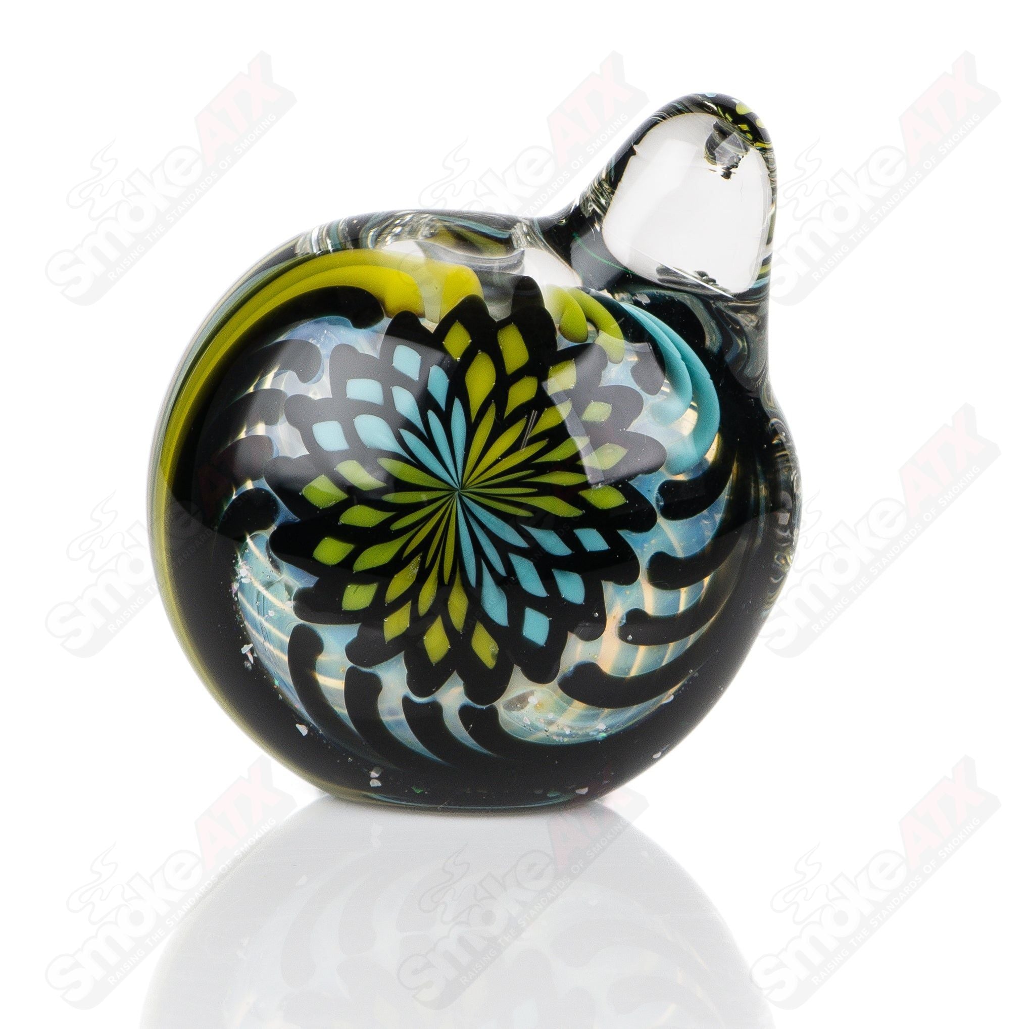 Glass Filla Twist Spoon pipe by Rotational Science, showcasing a clear, twisted design with a rounded bowl and smooth mouthpiece.