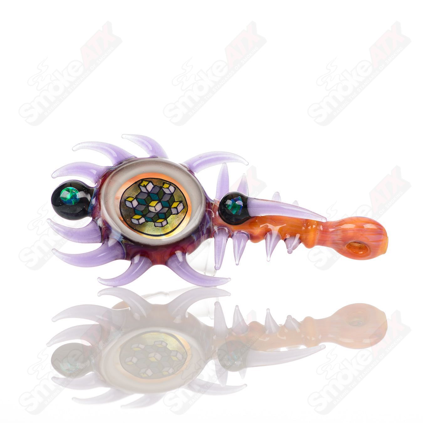 Freeek Glass Fillacello Horn Pendant Rig with Seredipity design and opal accents, heady glass concentrate rig for dabbing.