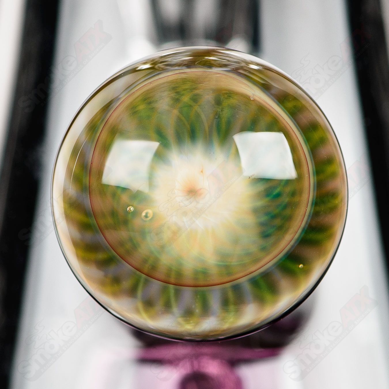 Full-size gold amethyst Fab Tube by Terroir, a Heady Glass beaker with vibrant purple and gold accents and intricate design details.