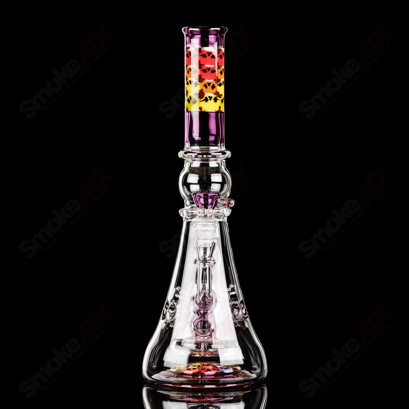 Full-size gold amethyst Fab Tube Crunklestein x Terroir Heady Glass beaker with gold and purple accents, intricate glasswork design.