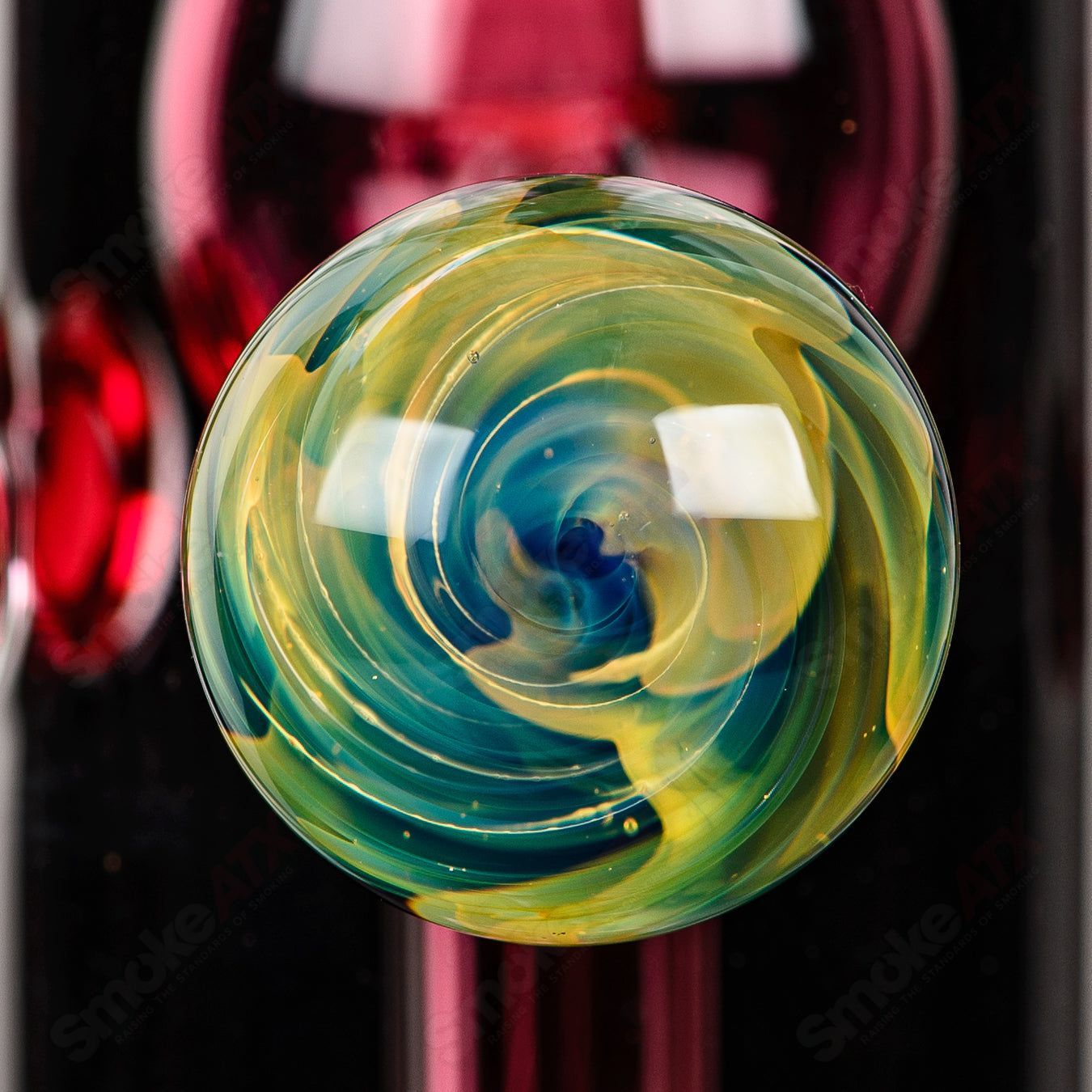 Full-size Gold Ruby Milli Turbine Incycler by Crunklestein x Terroir, Heady Glass incycler with vibrant gold and ruby accents.