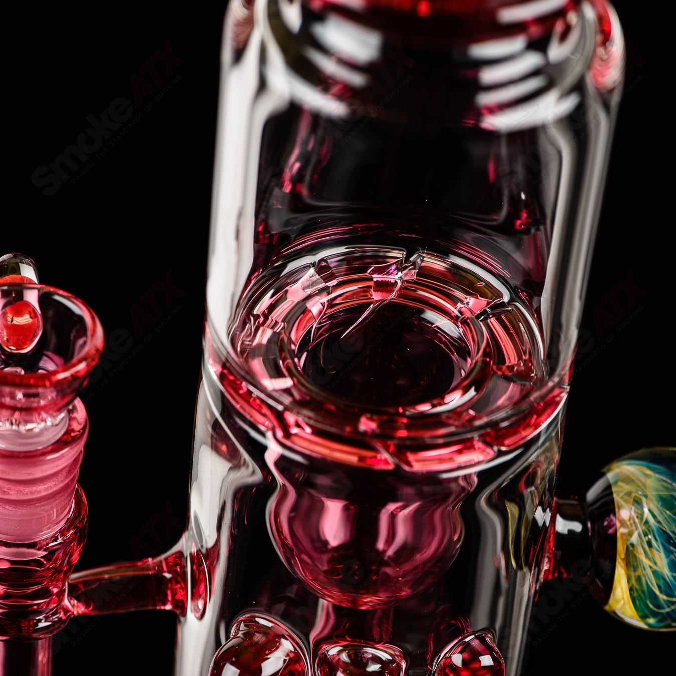 Full-size gold ruby milli turbine incycler by Crunklestein x Terroir, heady glass piece with intricate turbine design and vibrant colors.
