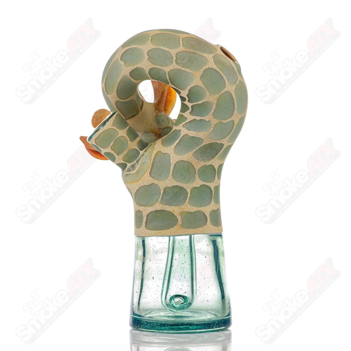 Robertson Glass Giraffe Bent Neck Bottle Rig, Atlantis heady glass concentrate rig with unique giraffe design and bent neck.