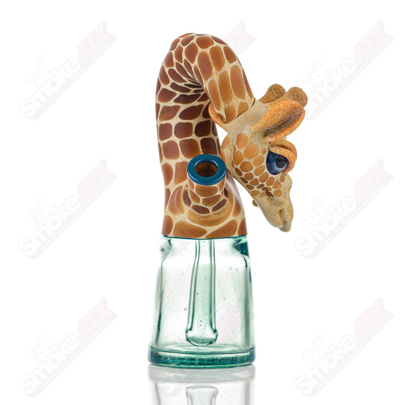 Robertson Glass Giraffe Bent Neck Bottle Rig for concentrates, featuring a honey badger design and intricate heady glass details.