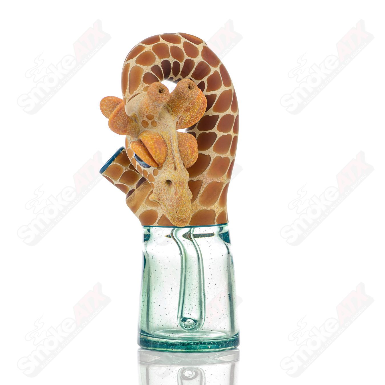 Robertson Glass Giraffe Bent Neck Bottle Rig for concentrates with Honey Badger design, featuring clear glass and intricate detailing.