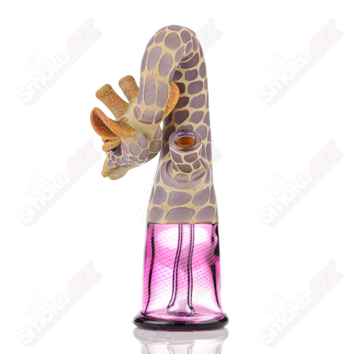 Robertson Glass Giraffe Bent Neck Bottle Rig with purple rain and royal jelly design, heady glass concentrate rig, colorful and detailed.