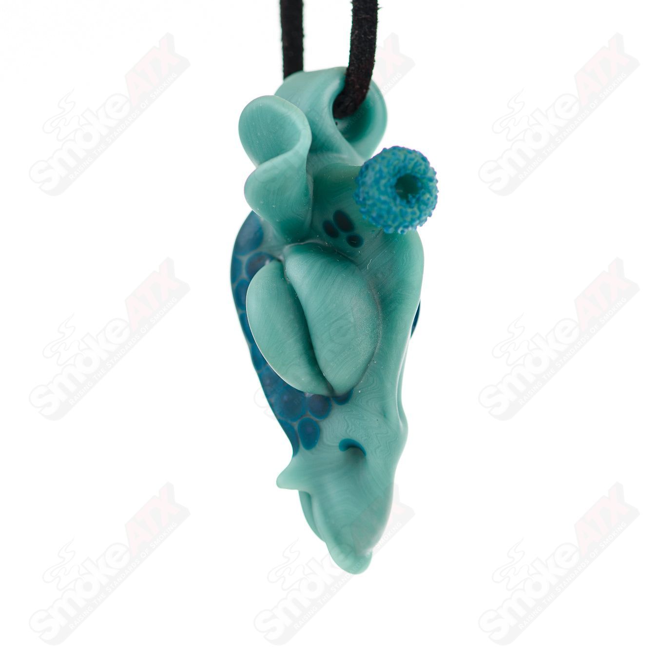 Robertson Glass giraffe pendant with aqua and peacock colors, handcrafted heady glass jewelry piece.