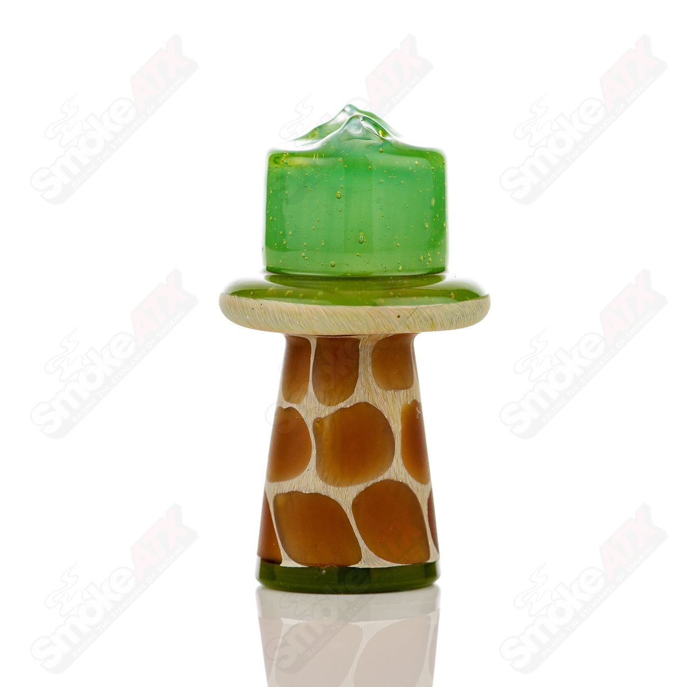 Green Giraffe Spinner Cap with Pearl from Robertson Glass, designed for heady glass carb caps, featuring intricate glasswork and vibrant color.