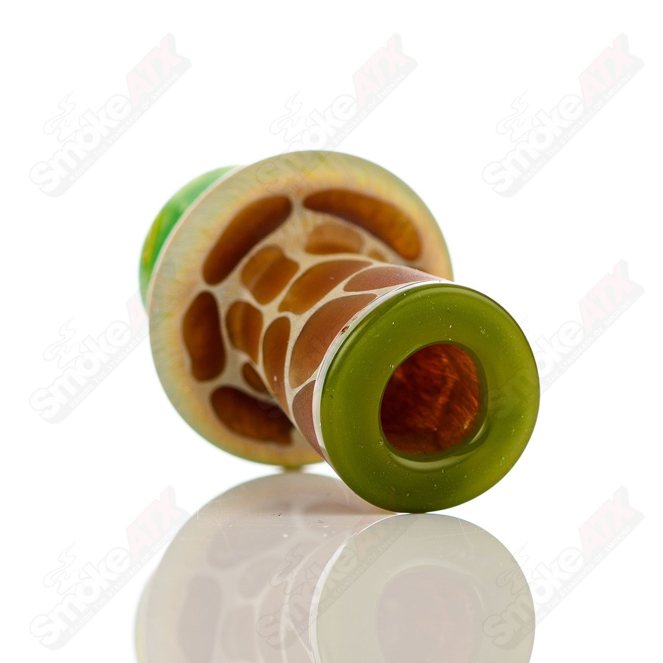 Green Giraffe Spinner Cap by Robertson Glass, featuring pearl accents, designed for heady glass carb caps.