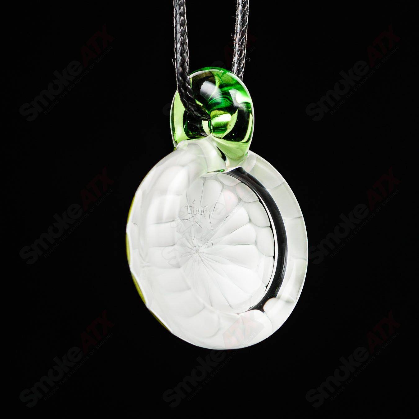 Green No Opal Dot Stack Pendant by Olour, David White featuring layered glass pendant with vibrant green and dot design.