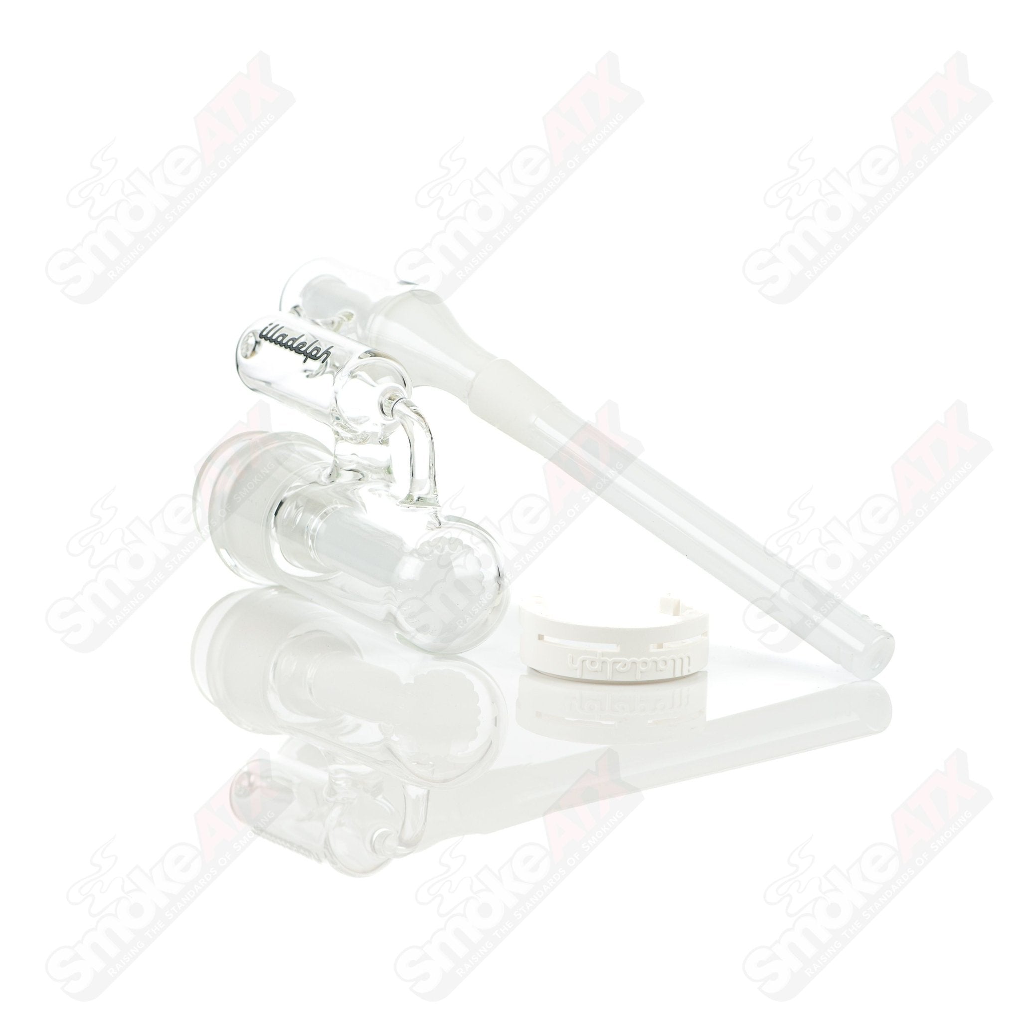 Grey disc ash catcher for waterpipe, made of glass by Illadelph, featuring a circular design and clear glass accents.