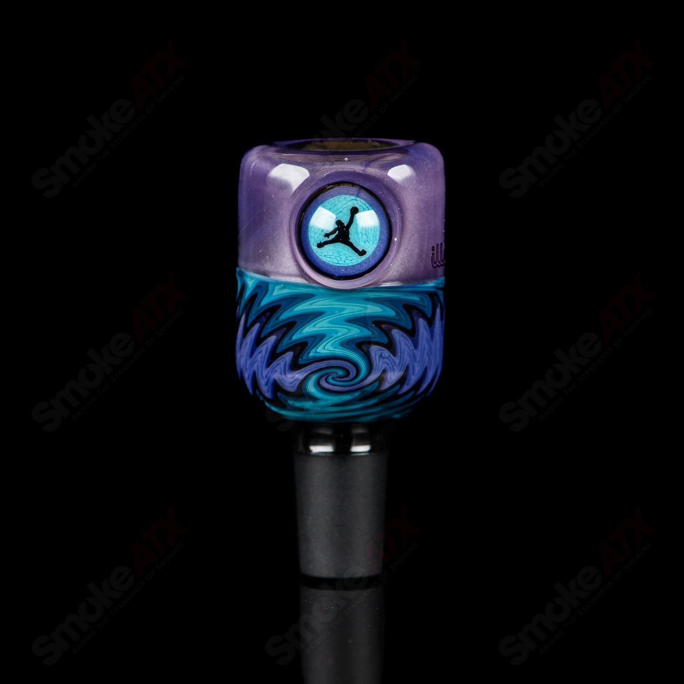 Illadelph Purple and Aqua Jordan Beaker, heady glass with colorful design, featuring a clear glass beaker shape and intricate details.