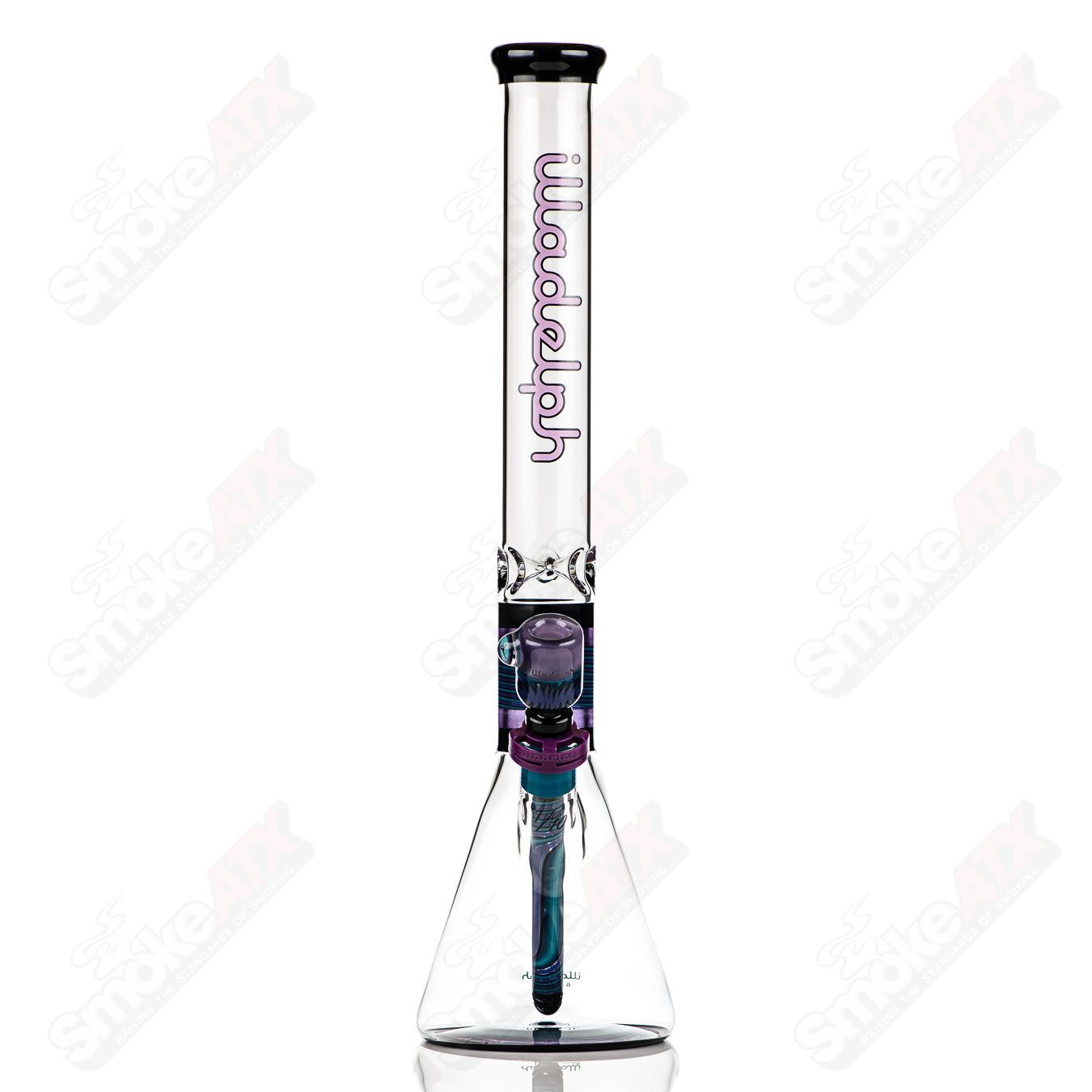 Illadelph purple and aqua Jordan beaker made of heady glass with colorful geometric patterns and a clear glass base.
