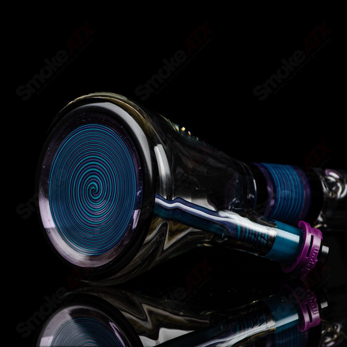 Illadelph Purple and Aqua Jordan Beaker, heady glass water pipe with colorful design and clear glass accents.