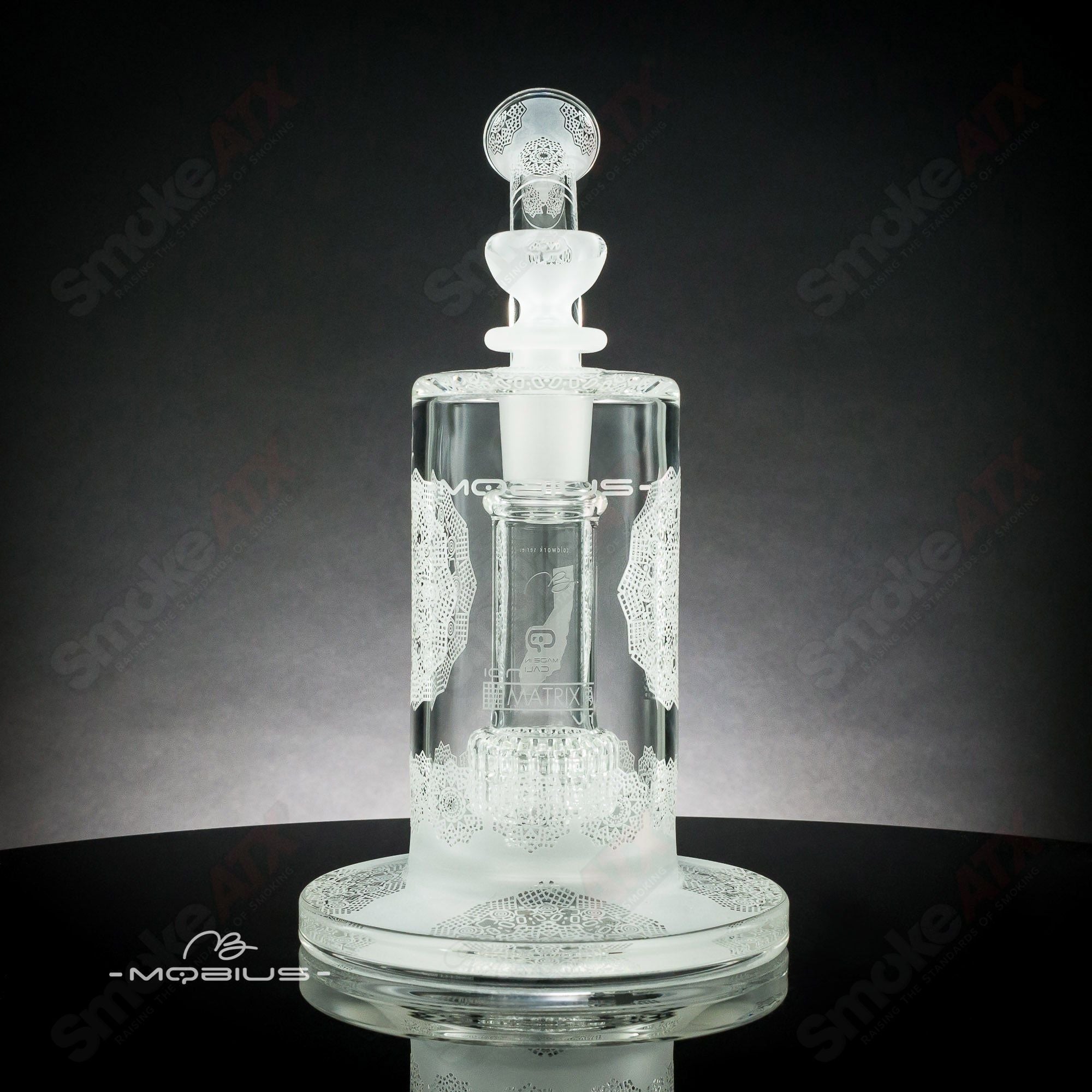 Mobius Ion Matrix V1 Coldwork Series #5 glass waterpipe with intricate design and clear glass body, showcasing its craftsmanship.