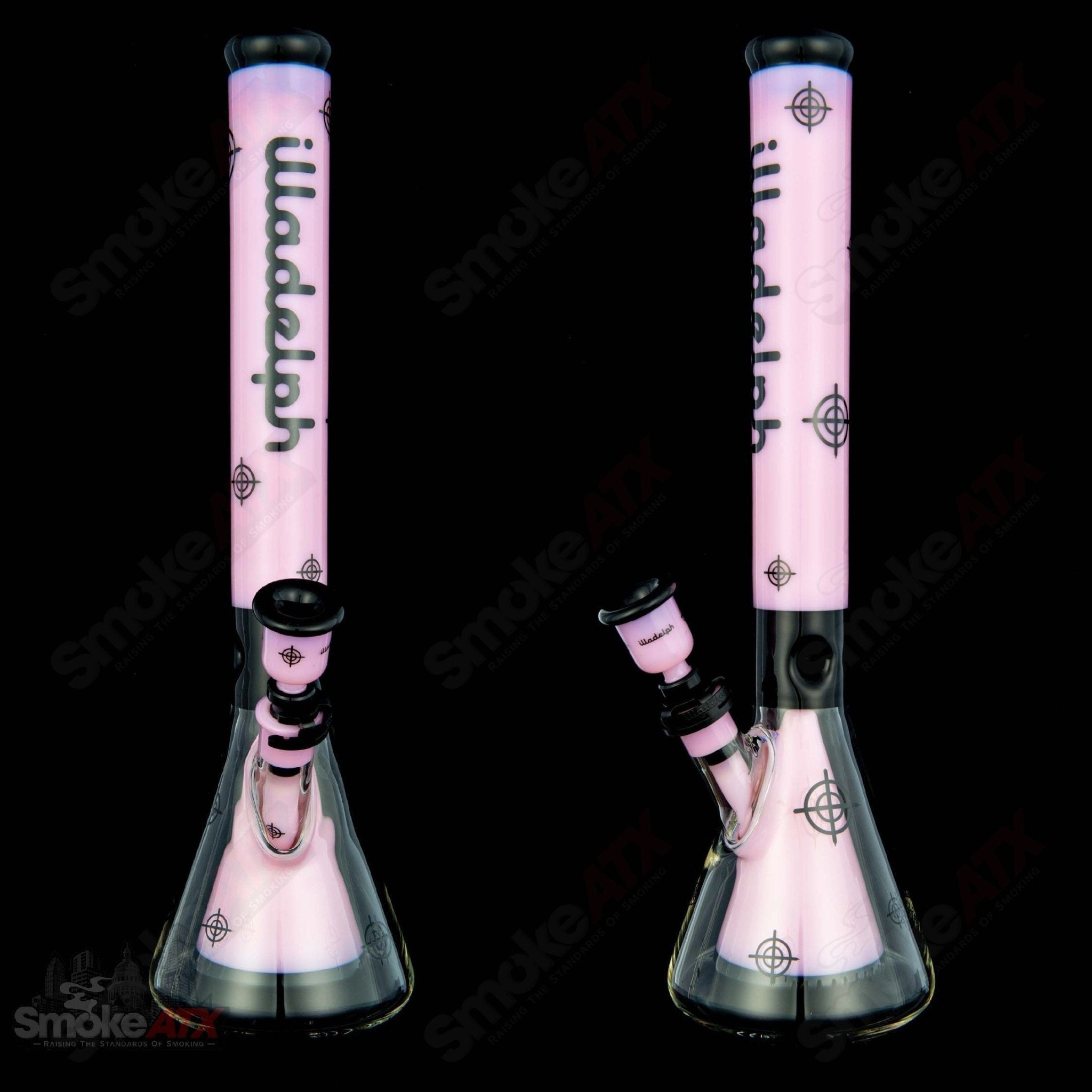 Illadelph Killadelph Milky Pink Scoped Collins Beaker glass water pipe with pink accents and clear glass body.