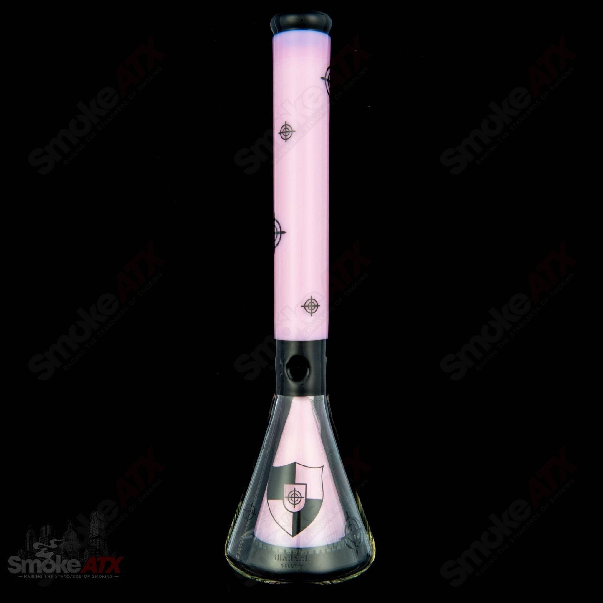 Illadelph Killadelph Milky Pink Scoped Collins Beaker made of heady glass with pink accents and a clear beaker shape.
