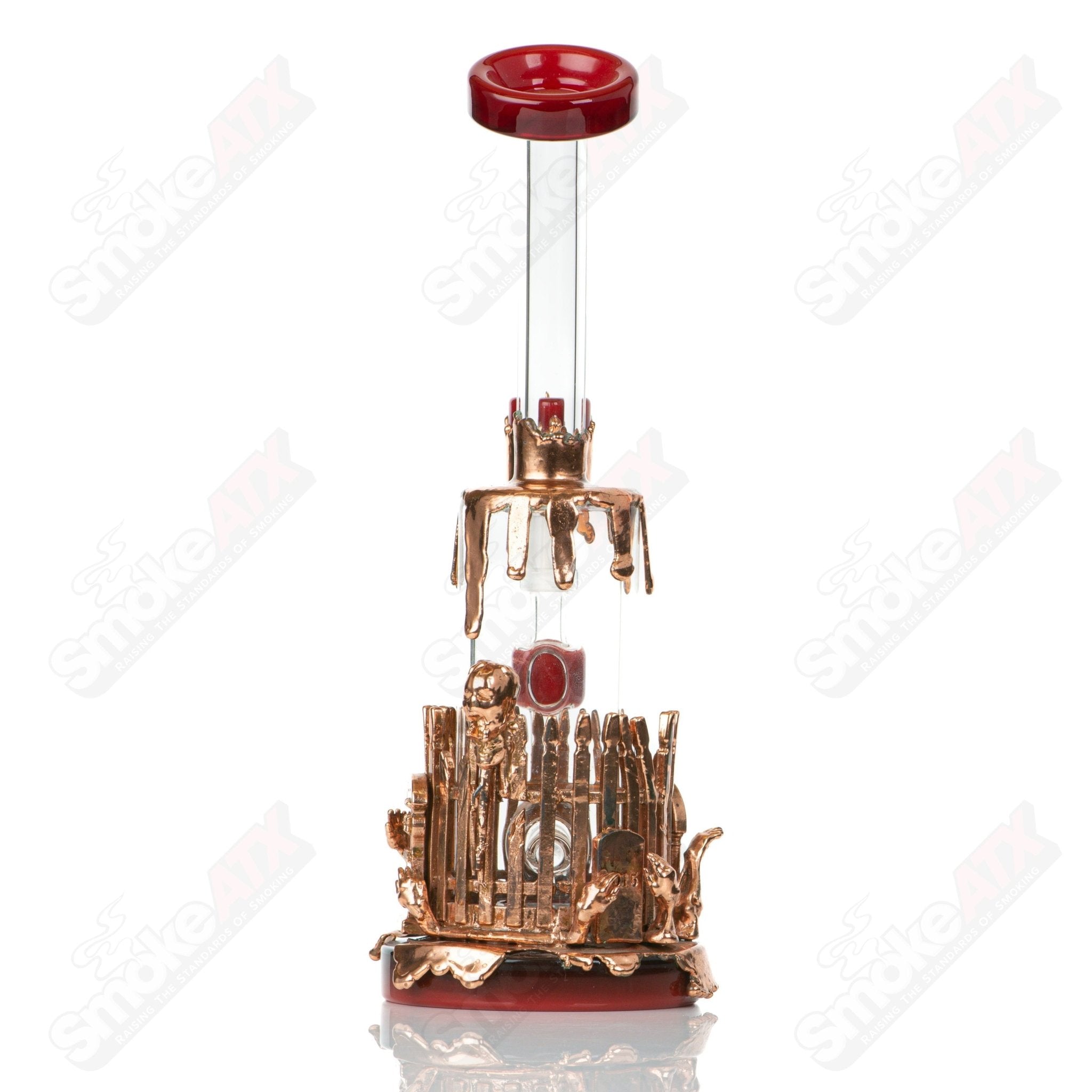 Kuhn Zombiehand Rig, heady glass concentrate rig with a detailed zombie hand design, clear glass with artistic accents.